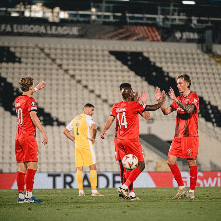 Edward Chilufya celebrates his goal for Midtylland in the second round of the Europa League. (Photo via X/@fcmidtjylland)