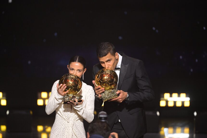 Rodri and Aitana Bonmatí after being announced as 2024 Ballon d’Or winners. (Photo via X/@@ballondor)