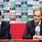 Newly appointed England head coach Thomas Tuchel with FA CEO Mark Bullingham ahead of a press conference at Wembley Stadium, London on Wednesday, October 16, 2024. (Photo by John Walton via Contributor:PA Images / Alamy Stock Photo)