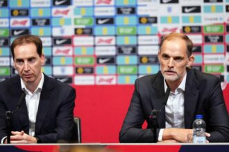 Newly appointed England head coach Thomas Tuchel with FA CEO Mark Bullingham ahead of a press conference at Wembley Stadium, London on Wednesday, October 16, 2024. (Photo by John Walton via Contributor:PA Images / Alamy Stock Photo)