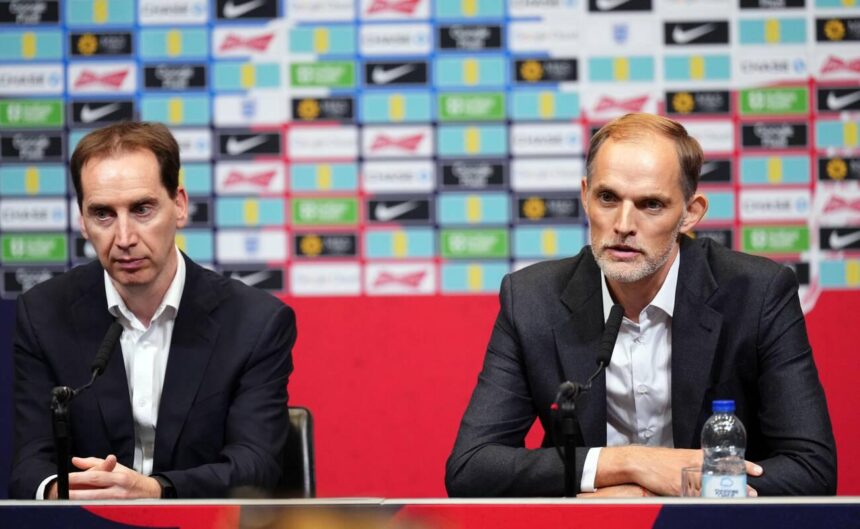 Newly appointed England head coach Thomas Tuchel with FA CEO Mark Bullingham ahead of a press conference at Wembley Stadium, London on Wednesday, October 16, 2024. (Photo by John Walton via Contributor:PA Images / Alamy Stock Photo)