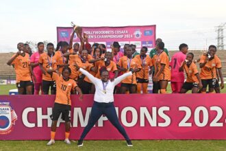 Zambia celebrate with trophy after winning the 2024 Cosafa Womens Championship Final between Zambia and South Africa at Isaac Wolfson Stadium in Gqeberha on 2 November 2024 © Ryan Wilkisky/BackpagePix