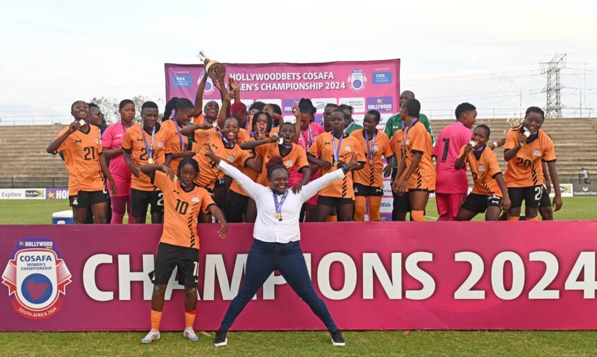 Zambia celebrate with trophy after winning the 2024 Cosafa Womens Championship Final between Zambia and South Africa at Isaac Wolfson Stadium in Gqeberha on 2 November 2024 © Ryan Wilkisky/BackpagePix