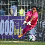 Petronella Ngambo Musole of Zambia saves a penalty during the shootout during the 2024 Cosafa Womens Championship Final between Zambia and South Africa at Isaac Wolfson Stadium in Gqeberha on 2 November 2024 © Ryan Wilkisky/BackpagePix