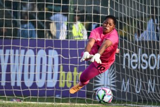 Petronella Ngambo Musole of Zambia saves a penalty during the shootout during the 2024 Cosafa Womens Championship Final between Zambia and South Africa at Isaac Wolfson Stadium in Gqeberha on 2 November 2024 © Ryan Wilkisky/BackpagePix