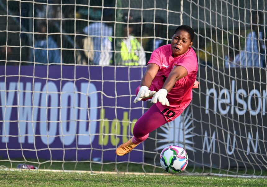 Petronella Ngambo Musole of Zambia saves a penalty during the shootout during the 2024 Cosafa Womens Championship Final between Zambia and South Africa at Isaac Wolfson Stadium in Gqeberha on 2 November 2024 © Ryan Wilkisky/BackpagePix