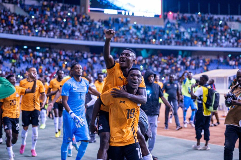 Kennedy Musonda and Kings Kangwa celebrate Zambia's victory over Ivory Coast on November 15 at the Levy Mwanawasa Stadium in Ndola. (Photo via FAZ media)