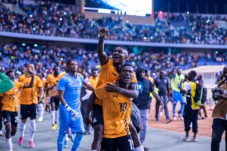 Kennedy Musonda and Kings Kangwa celebrate Zambia's victory over Ivory Coast on November 15 at the Levy Mwanawasa Stadium in Ndola. (Photo via FAZ media)