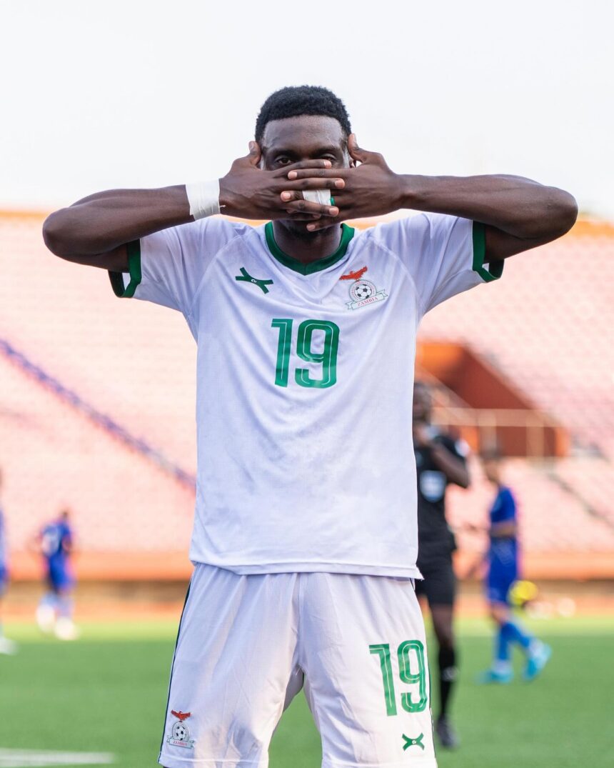 Kennedy Musonda celebrating his goal against Sierra Leone in the 2025 AFCON qualifiers. (Photo via FAZ media)