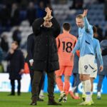 Pep Guardiola manager of Manchester City applauds fans at full time following the Premier League match at the King Power Stadium, Leicester. (Photo via Cody Froggatt/Sportimage.)