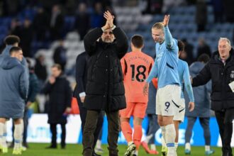 Pep Guardiola manager of Manchester City applauds fans at full time following the Premier League match at the King Power Stadium, Leicester. (Photo via Cody Froggatt/Sportimage.)