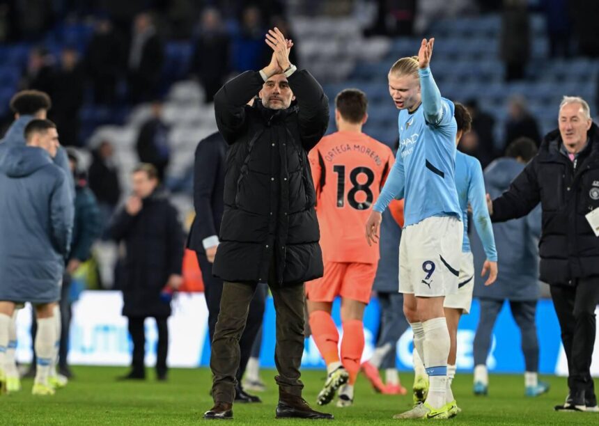 Pep Guardiola manager of Manchester City applauds fans at full time following the Premier League match at the King Power Stadium, Leicester. (Photo via Cody Froggatt/Sportimage.)