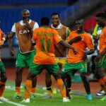 Zambia's Christopher Katongo celebrates with team mates after scoring the second goal during the 2012 African Cup of Nations soccer match, Quarter Final, Zambia Vs Sudan in Bata, Guinea on February 4, 2012. Zambia won 3-0. (Photo by ABACAPRESS.COM)