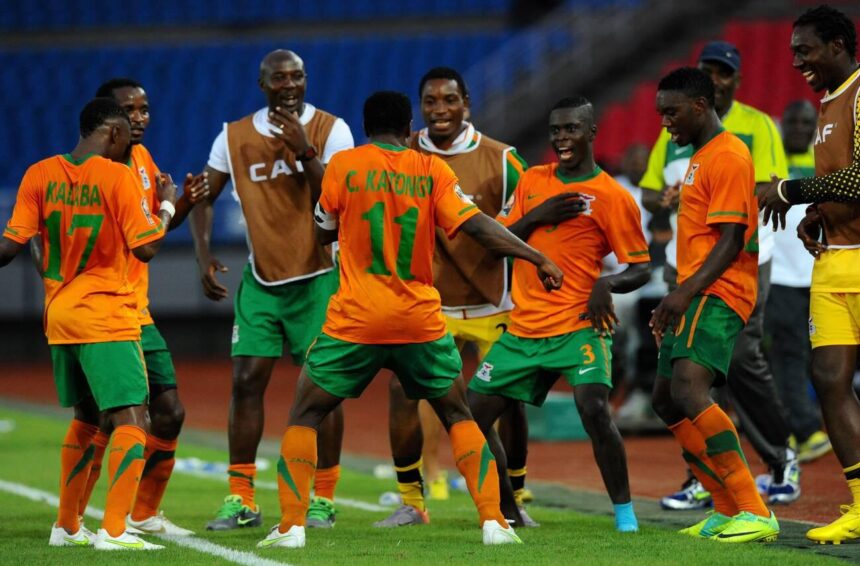 Zambia's Christopher Katongo celebrates with team mates after scoring the second goal during the 2012 African Cup of Nations soccer match, Quarter Final, Zambia Vs Sudan in Bata, Guinea on February 4, 2012. Zambia won 3-0. (Photo by ABACAPRESS.COM)