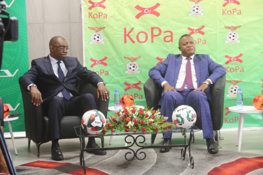 Andrew Kamanga and Elvis Nkandu during the 2023 ABSA Cup draw in Lusaka. (Photo/BolaNews Gallery)