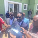 Aspiring Football Association of Zambia (FAZ) president Godfrey Chikumbi speaking to journalists after filing his nomination at Football House in Lusaka. (Photo/courtesy)