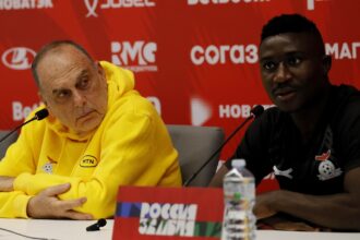 Avram Grant and Kings Kangwa during the pre-match press conference in Moscow. (Photo by: Alexander Lyubarsky, RFU)
