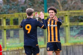 Jaedyn Chibanga celebrating with his teammate after scoring Hull City u18s v Barnsley FC. (Photo via Hull City FC media)