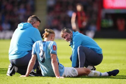 Manchester City's Erling Haaland goes down with a potential injury during the Emirates FA Cup quarter final match at the Vitality Stadium, Bournemouth. (Picture by Adam Davy via PA Images / Alamy Stock Photo)