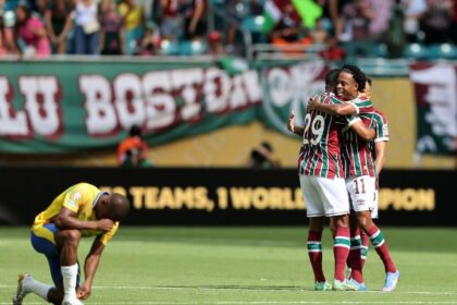 Miami Gardens, USA, 25th June 2025. Keno of Fluminese and Thiago Santos of Fluminese celebrate at the final whistle during the Mamelodi Sundowns FC vs Fluminense FC FIFA Club World Cup match at Hard Rock Stadium, Miami Gardens. (David Klein / Sportimage)