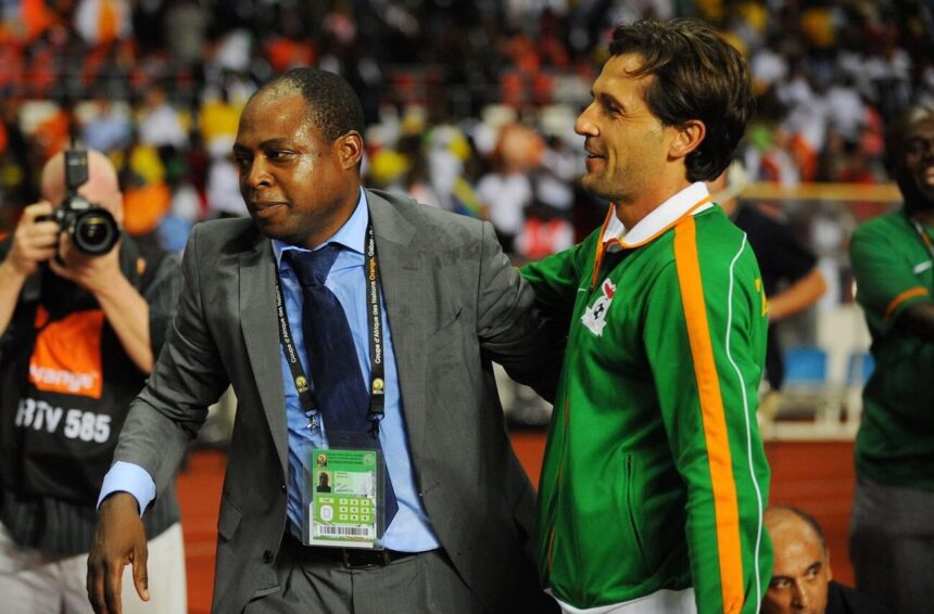 Kalusha Bwalya celebrates at the end of the 2012 African Cup of Nations Soccer Match, Final, Zambia Vs Ivory Coast in Libreville, Gabon on February 12, 2012. (Photo by ABACAPRESS.COM)
