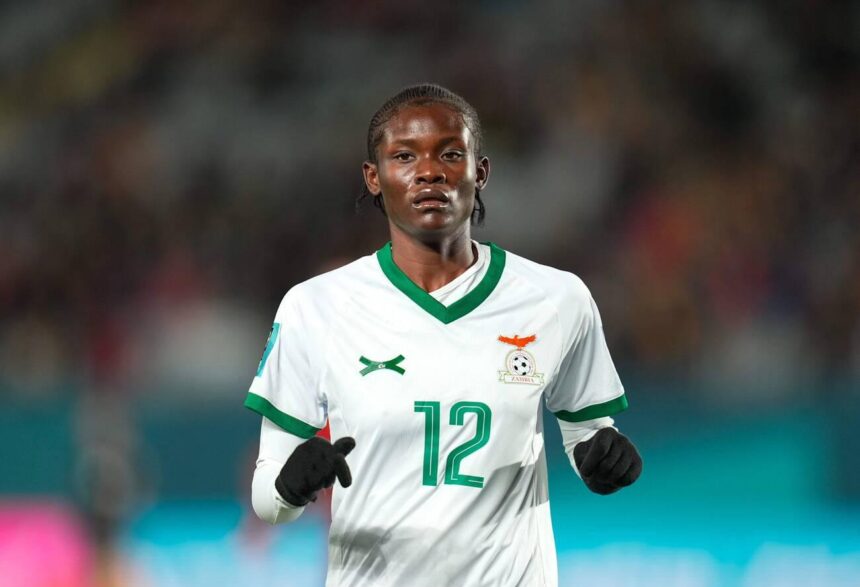 Evarine Katongo (Zambia) looks on during a Group C - FIFA Women's World Cup Australia & New Zealand 2023 game, Spain vs Zambia, at Eden Park, Auckland, New Zealand. (Photo by Kim Price/CSM/Alamy Live News.)