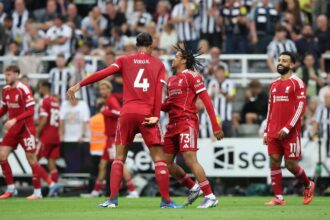 Rio Ngumoha of Liverpool celebrates scoring the third goal during the Newcastle United vs Liverpool Premier League match at St. James' Park, Newcastle Upon Tyne. Picture credit should read: Nigel Roddis/Sportimage Credit: Sportimage Ltd/Alamy Live News