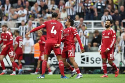 Rio Ngumoha of Liverpool celebrates scoring the third goal during the Newcastle United vs Liverpool Premier League match at St. James' Park, Newcastle Upon Tyne. Picture credit should read: Nigel Roddis/Sportimage Credit: Sportimage Ltd/Alamy Live News