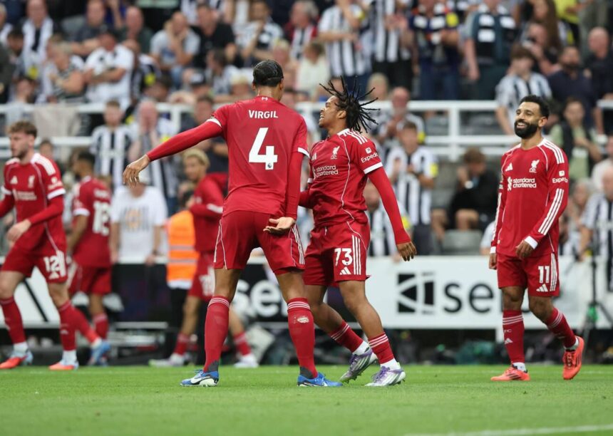 Rio Ngumoha of Liverpool celebrates scoring the third goal during the Newcastle United vs Liverpool Premier League match at St. James' Park, Newcastle Upon Tyne. Picture credit should read: Nigel Roddis/Sportimage Credit: Sportimage Ltd/Alamy Live News