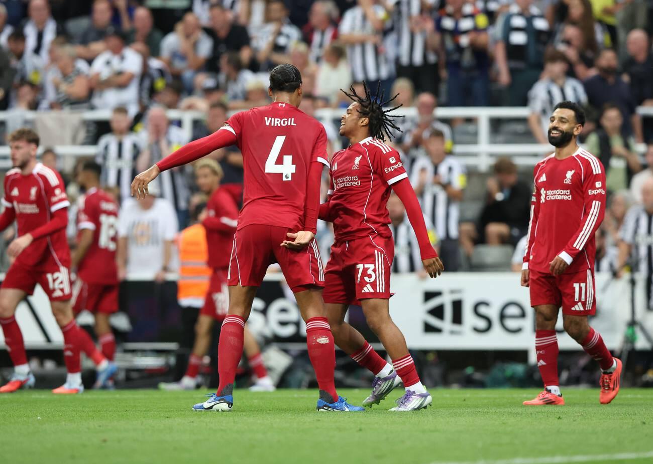 Rio Ngumoha of Liverpool celebrates scoring the third goal during the Newcastle United vs Liverpool Premier League match at St. James' Park, Newcastle Upon Tyne. Picture credit should read: Nigel Roddis/Sportimage Credit: Sportimage Ltd/Alamy Live News