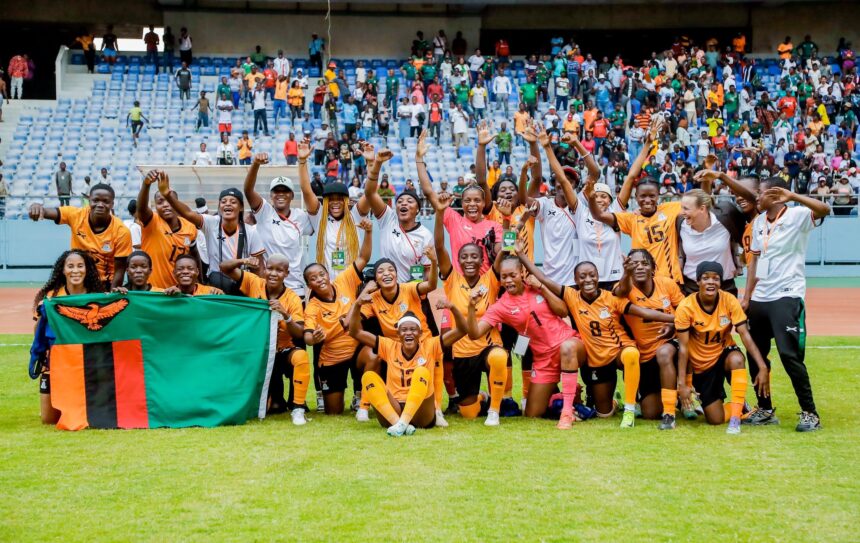 Zambia's Copper Queens celebrating their 2026 WAFCON qualification. (Photo via FAZ media)