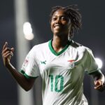 Victoria Mbali celebrates after scoring her for Zambia against New Zealand. (Photo/ Getty Images)