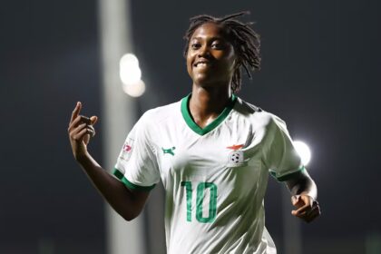 Victoria Mbali celebrates after scoring her for Zambia against New Zealand. (Photo/ Getty Images)