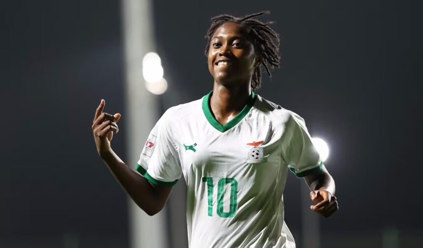 Victoria Mbali celebrates after scoring her for Zambia against New Zealand. (Photo/ Getty Images)