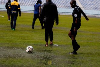 Waterlogged pitch at Levy Mwanawasa Stadium on March 15, 2026. (Photo courtesy of NAPSA Stars FC media)