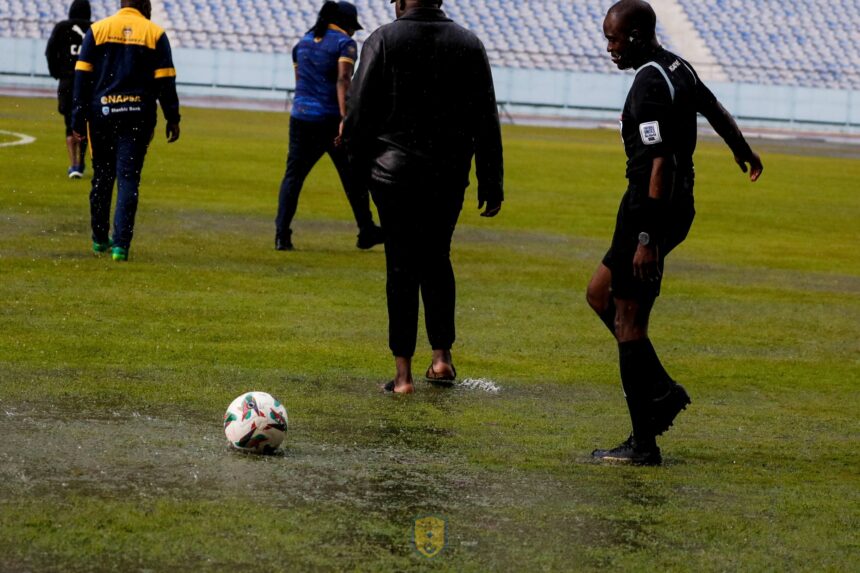 Waterlogged pitch at Levy Mwanawasa Stadium on March 15, 2026. (Photo courtesy of NAPSA Stars FC media)