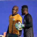 Chipolopolo goalkeeper coach Kennedy Mweene with Lawrence Mulenga during a pre-AFCON training session in December 2026 in Murcia, Spain. (Photo via FAZ media)