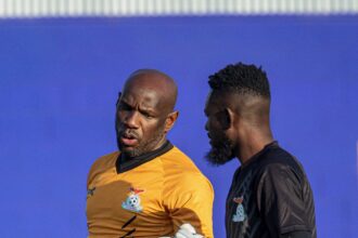 Chipolopolo goalkeeper coach Kennedy Mweene with Lawrence Mulenga during a pre-AFCON training session in December 2026 in Murcia, Spain. (Photo via FAZ media)
