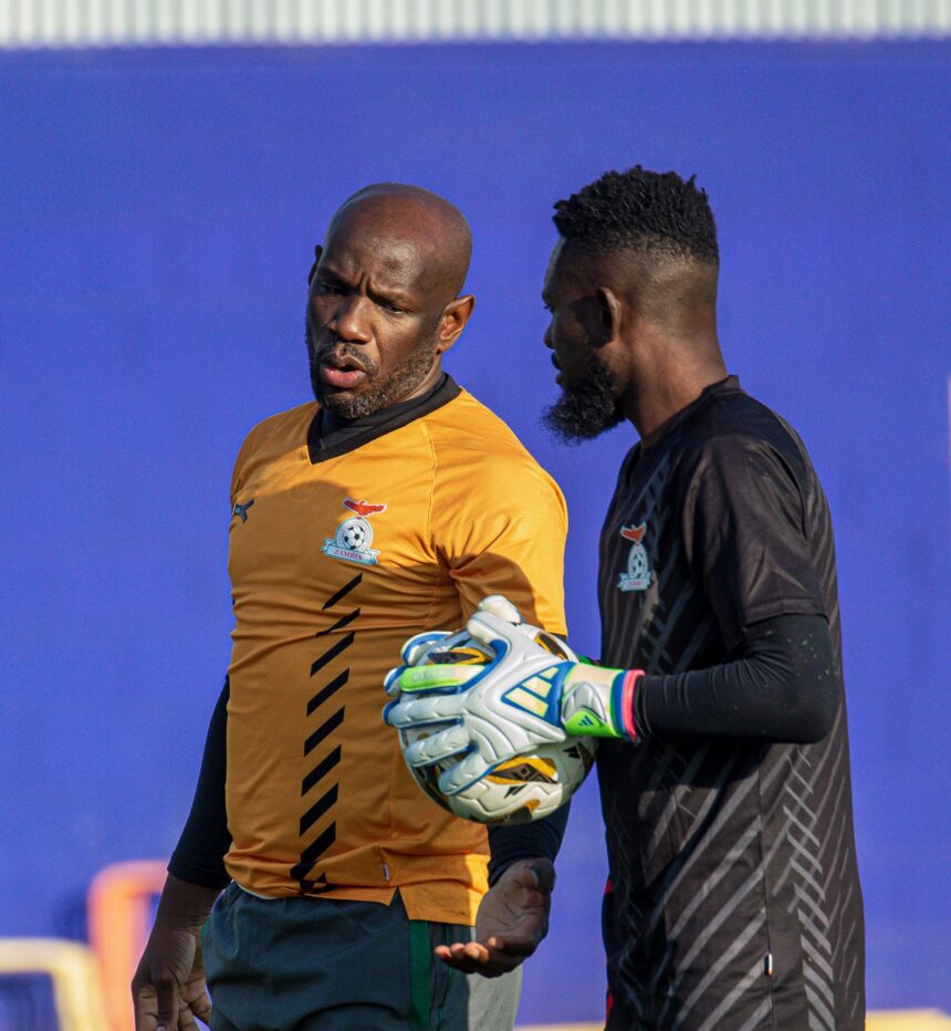Chipolopolo goalkeeper coach Kennedy Mweene with Lawrence Mulenga during a pre-AFCON training session in December 2026 in Murcia, Spain. (Photo via FAZ media)