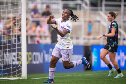 Barbra Banda celebrates her goal for Orlando Pride. (Photo by Jeremy Reper/Orlando Pride)