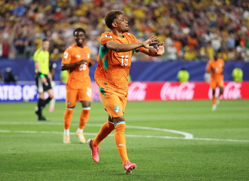 PHILADELPHIA, PENNSYLVANIA - JUNE 14: Amad Diallo #15 of Cote d'Ivoire celebrates scoring his team's first goal during the FIFA World Cup 2026 Group E match between Cote D'Ivoire and Ecuador at Philadelphia Stadium on June 14, 2026 in Philadelphia, Pennsylvania. (Photo by Getty Images)