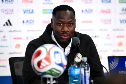 EAST RUTHERFORD, NEW JERSEY - JUNE 15: Pape Thiaw, Head Coach of Senegal, attends the press conference of Senegal one day ahead of the FIFA World Cup 2026 Group I match between France and Senegal at New York New Jersey Stadium on June 15, 2026 in East Rutherford, New Jersey. (Photo by Hannah Peters - FIFA/FIFA via Getty Images)