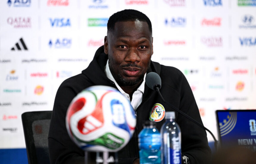 EAST RUTHERFORD, NEW JERSEY - JUNE 15: Pape Thiaw, Head Coach of Senegal, attends the press conference of Senegal one day ahead of the FIFA World Cup 2026 Group I match between France and Senegal at New York New Jersey Stadium on June 15, 2026 in East Rutherford, New Jersey. (Photo by Hannah Peters - FIFA/FIFA via Getty Images)
