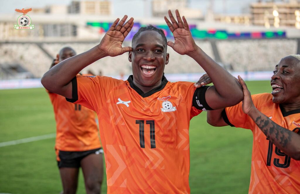 Barbra Banda celebrates her fourth goal against Egypt at the 2026 WAFCON. (Photo via FAZ media)