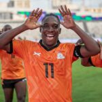 Barbra Banda celebrates her fourth goal against Egypt at the 2026 WAFCON. (Photo via FAZ media)