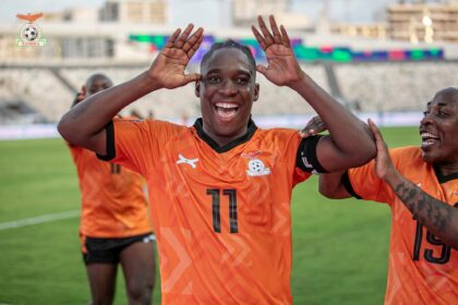 Barbra Banda celebrates her fourth goal against Egypt at the 2026 WAFCON. (Photo via FAZ media)