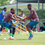 Albert Kangwanda (on the left) during training at Yanga SC. (Photo/courtesy)