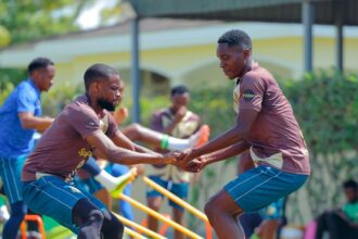 Albert Kangwanda (on the left) during training at Yanga SC. (Photo/courtesy)