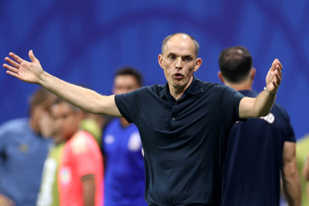 ATLANTA, GEORGIA - JULY 15: Thomas Tuchel, Manager of England, reacts during the FIFA World Cup 2026 Semi Final match between England and Argentina at Atlanta Stadium on July 15, 2026 in Atlanta, Georgia. (Photo by Justin Setterfield/Getty Images)