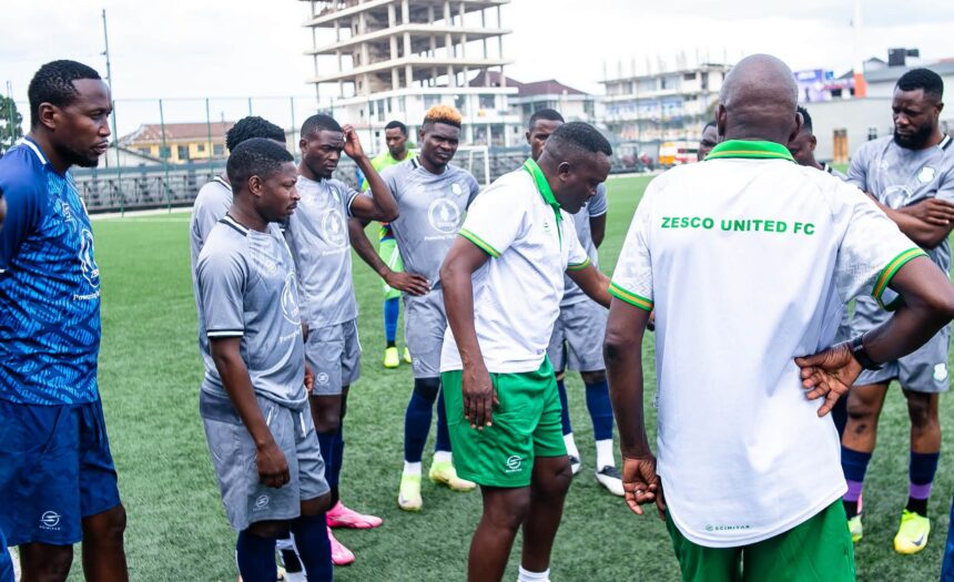 Mwenya Chipepo with Zesco United players. (Photo via ZUFC media)